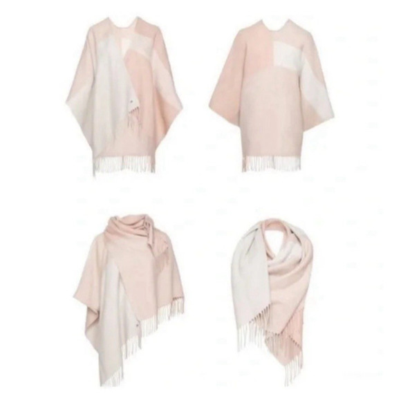 Soia & Kyo Woven Scarfigan Wrap Shawl Poncho One Size Ivory Mauve Fringe Cozy - Picture 13 of 16